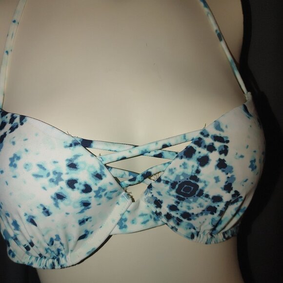 Hollister 34B Bathing Suit Bikini Top White Blue Padded Underwire - Picture 3 of 6